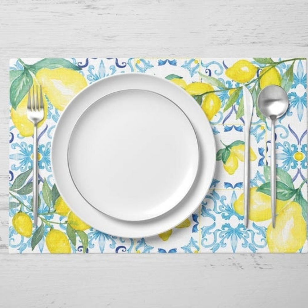 Lemon Tiles Cotton Dinner Placemat - Blue and Yellow (set of 4)